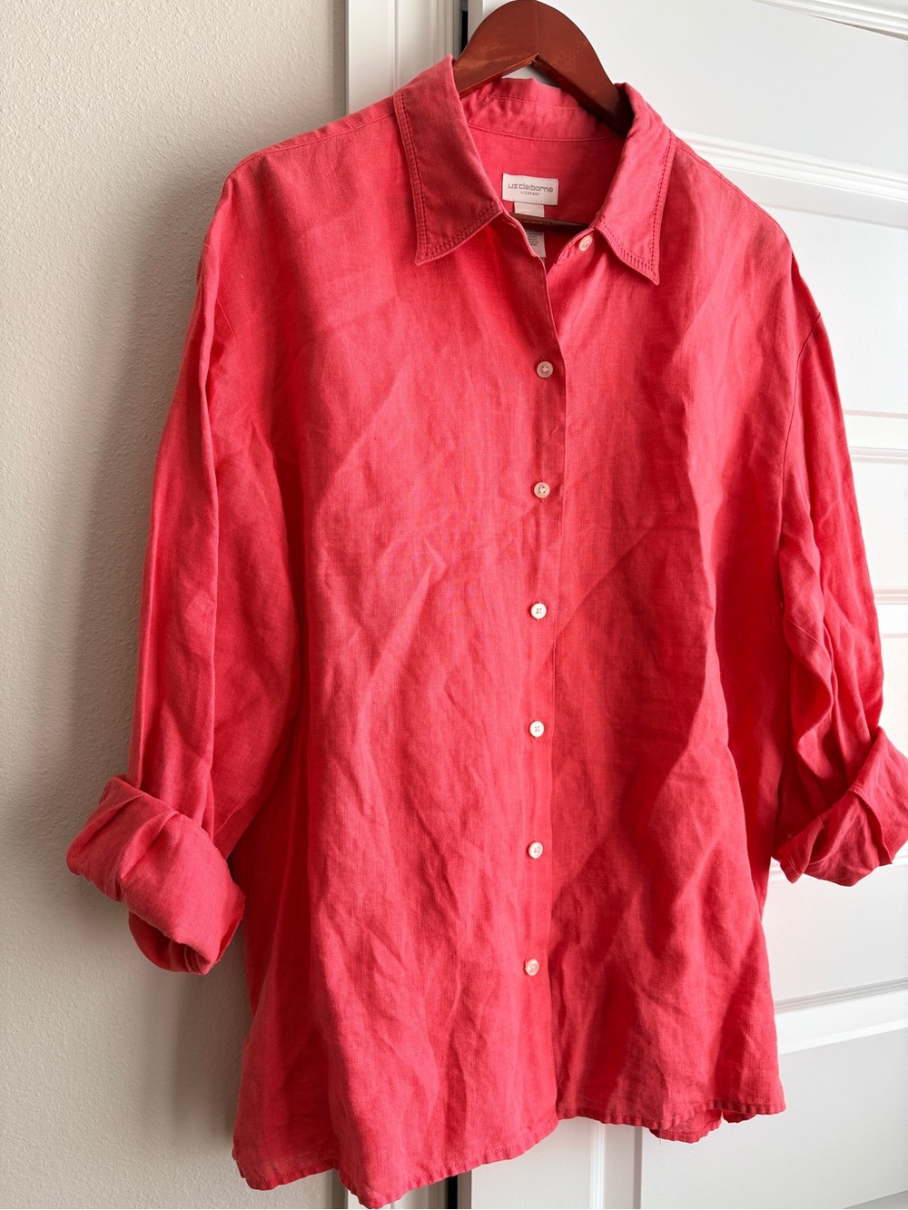 Liz Claiborne LizSport 100% Linen Coral pink Button Down Shirt XL - Picture 3 of 6